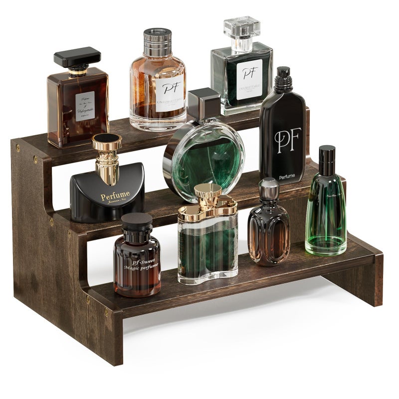 بروكاس منظم كولونيا خشبي للرجال من بروكيس، رافعات عرض منظم العطور من 3 طبقات، منظم حامل حامل كولونيا للرجال، رف رف كولونيا للعطور والشموع ومستحضرات التجميل على شكل كب كيك - بني - Image 1